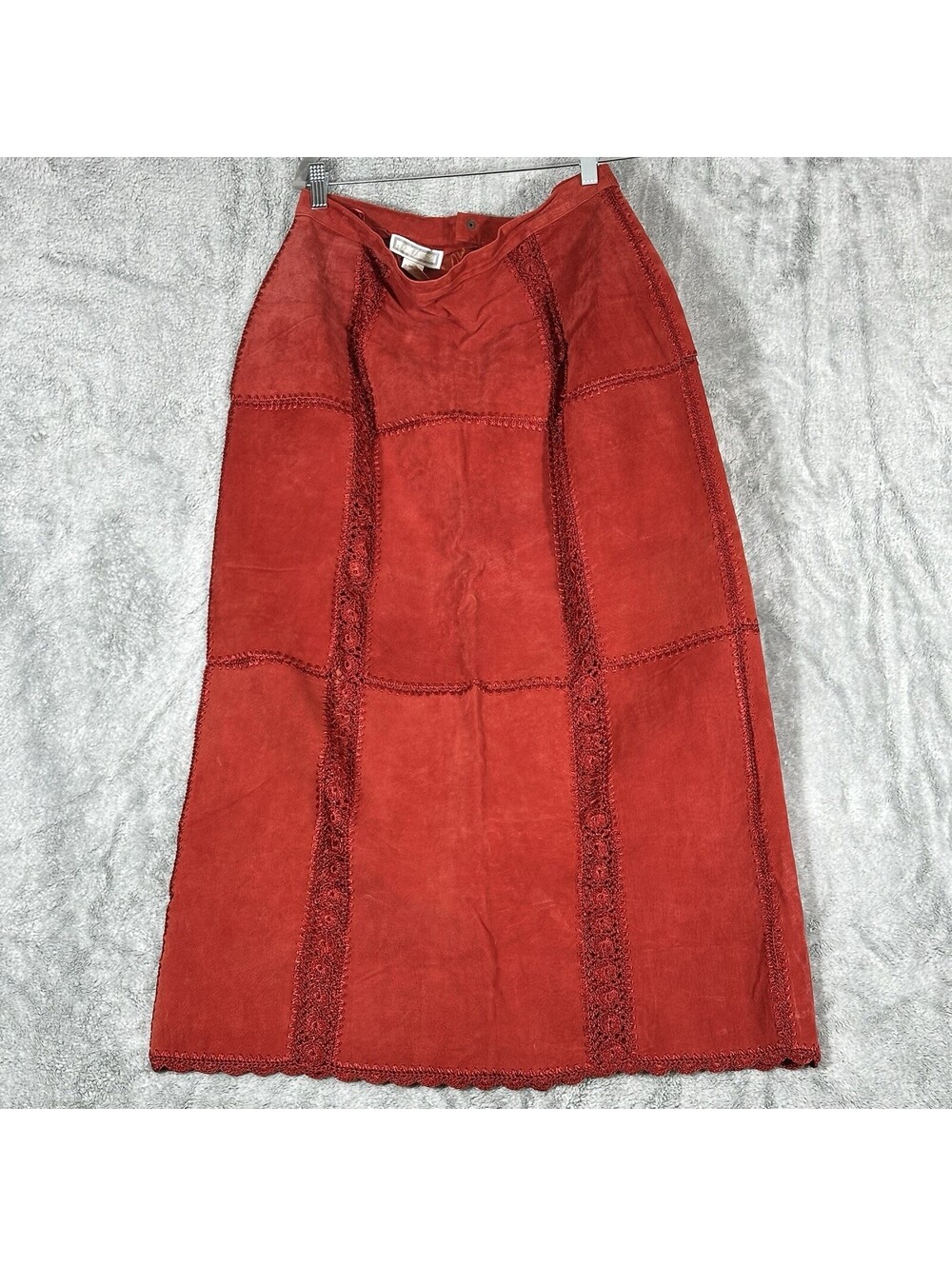 S.M.H. Sz. 16 90’s  Red Suede Patchwork Maxi Skirt Crochet Detail Boho Western